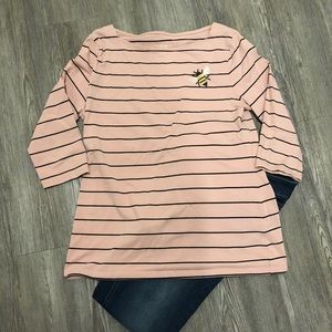 Pink 3/4 sleeve tee with black pin strips